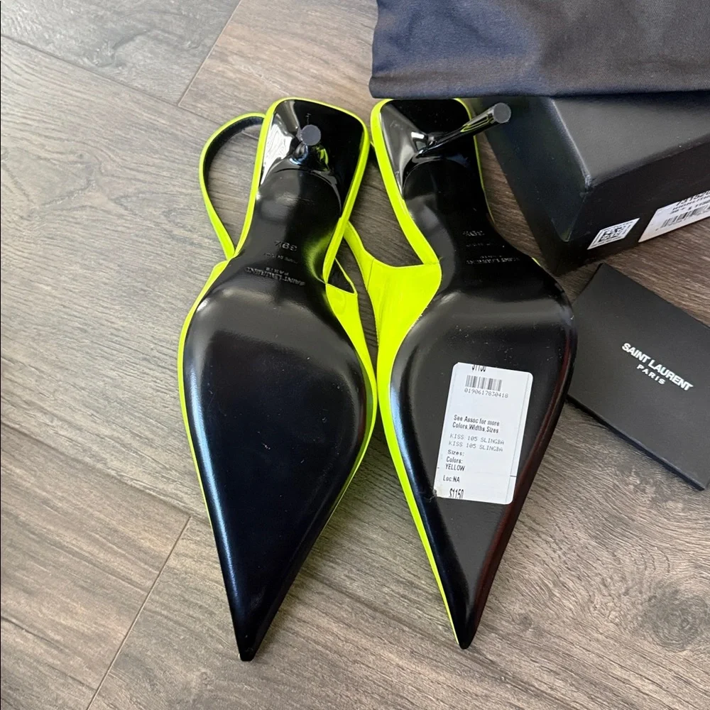 Saint Laurent Neon Lime Patent Slingback Pointed-Toe Heels - Picture 3 of 6